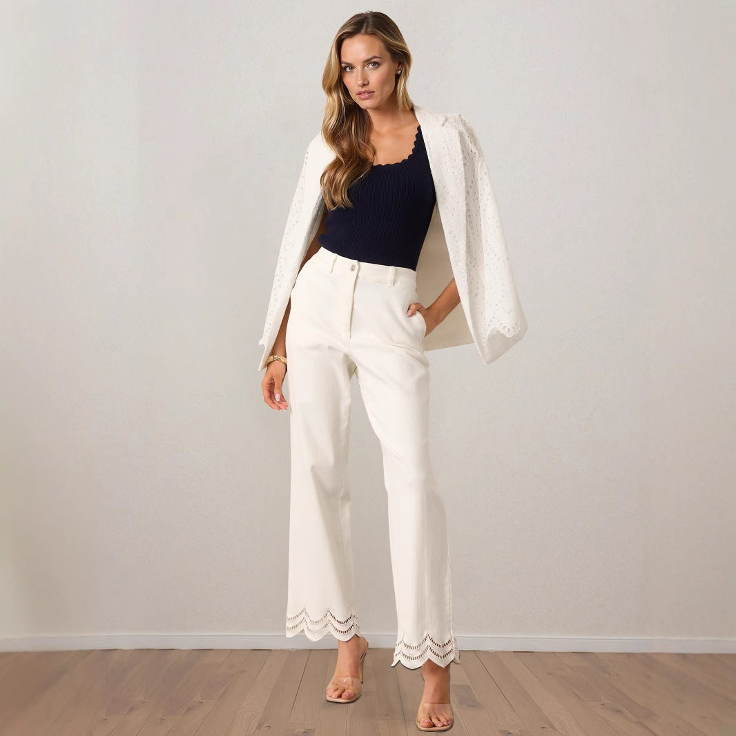 Damernas Palazzo-byxor Bred Benpassform med Dekorativ Vågfinish och Sidfickor 4