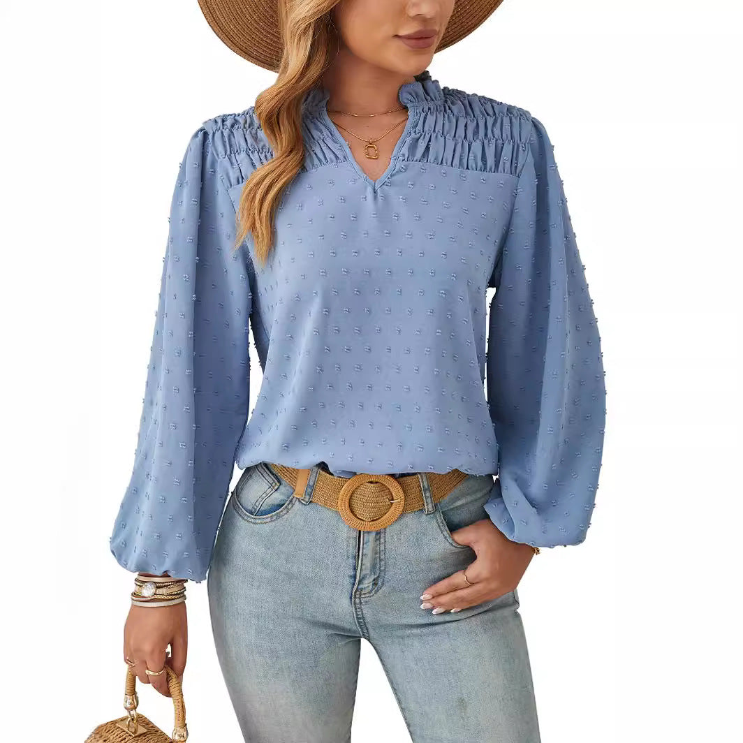 Dam Skjorta V-ringad Chiffon Veckad Jacquard-5