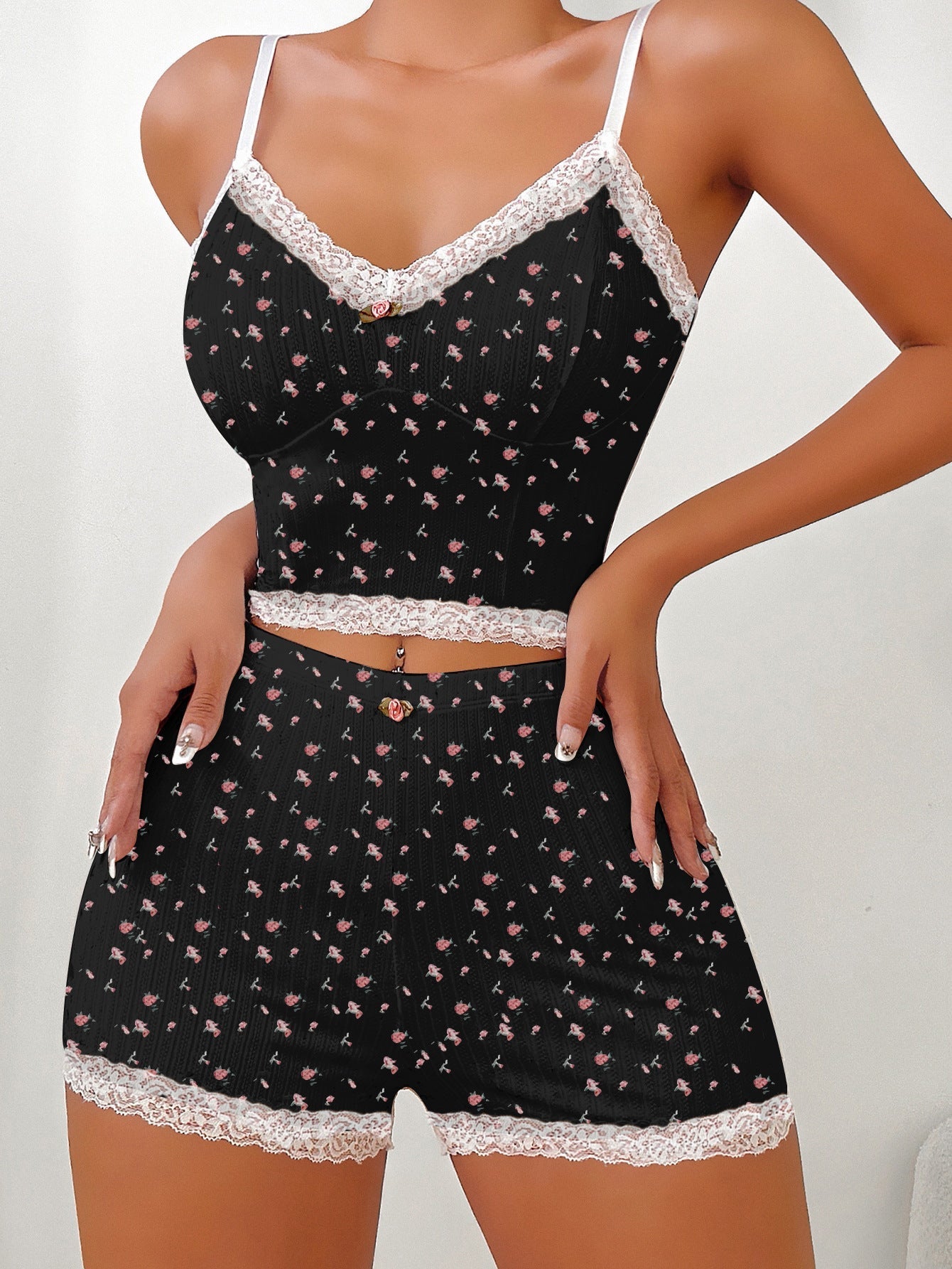 Dam Loungewear Set Blommig Camisole och Capri Byxor Polyester-3