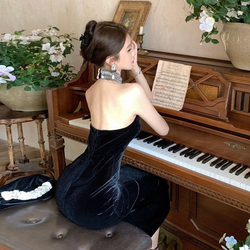 Dam Aftonklänning Halterhals Lång Stenkrage Högkvalitativt Tyg-4