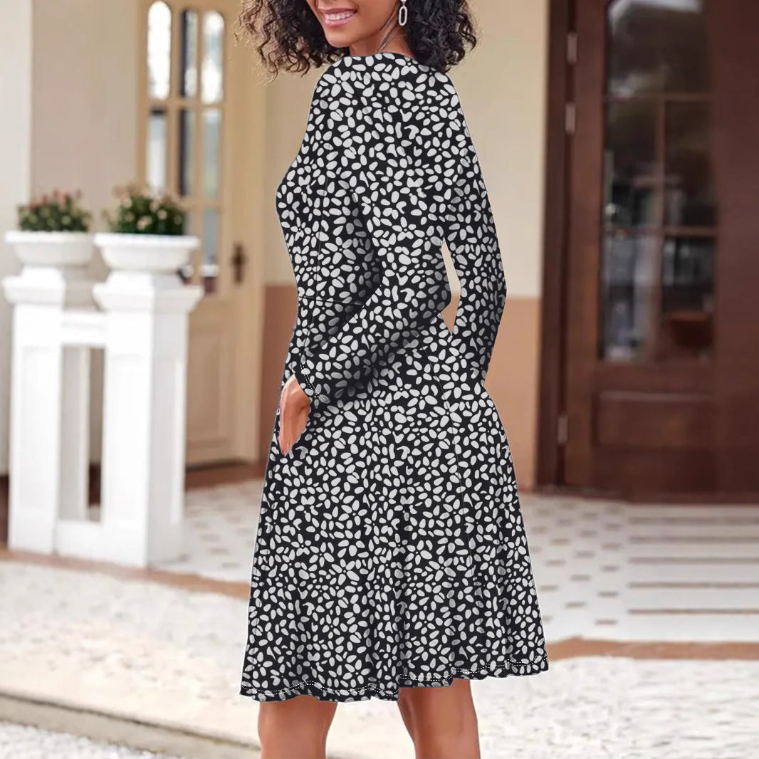 A-linjeklänning Dam med Blommönster och Långa Ärmar – Midi Längd i Polyester för Sommar och Fest 3