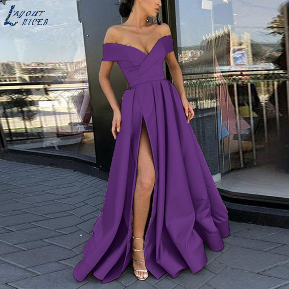 Kvinnors Off-Shoulder Klänning Djup V-ringning Satin Kort Kjol-6