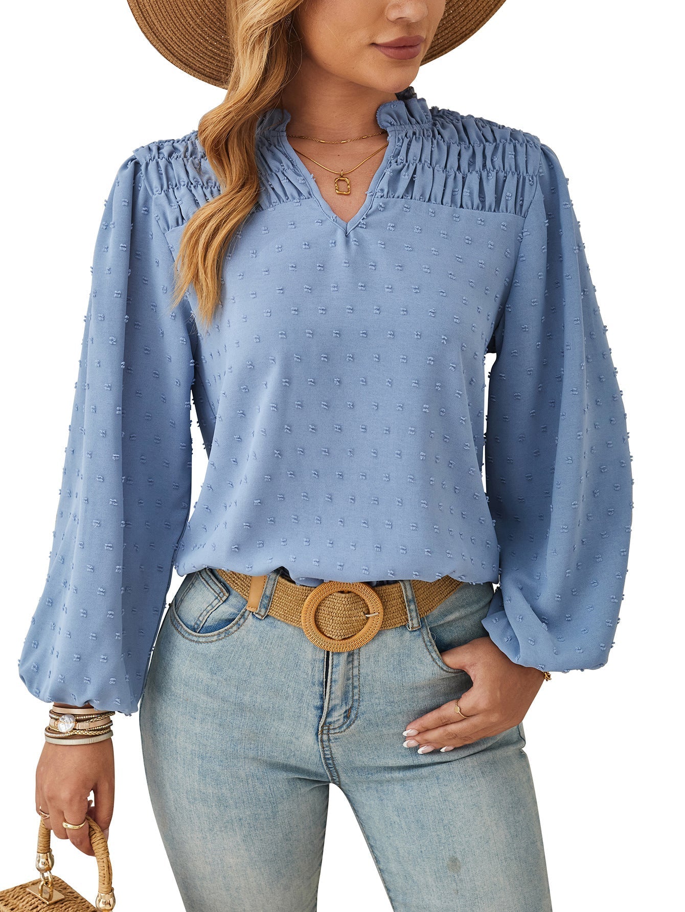 Dam Skjorta V-ringad Chiffon Veckad Jacquard-1