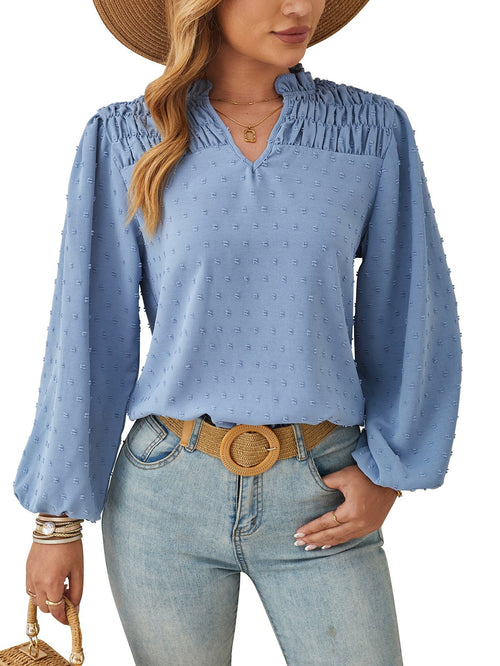 Dam Skjorta V-ringad Chiffon Veckad Jacquard-1