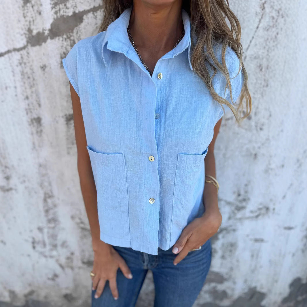 Damer Kortärmad Skjorta med Knappficka Bomull och Linne-4