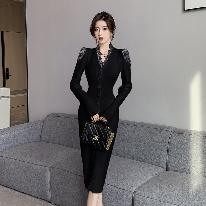 Dam Klänning Midi V-Neck Långärmad Patchwork Högkvalitativt Tyg-4