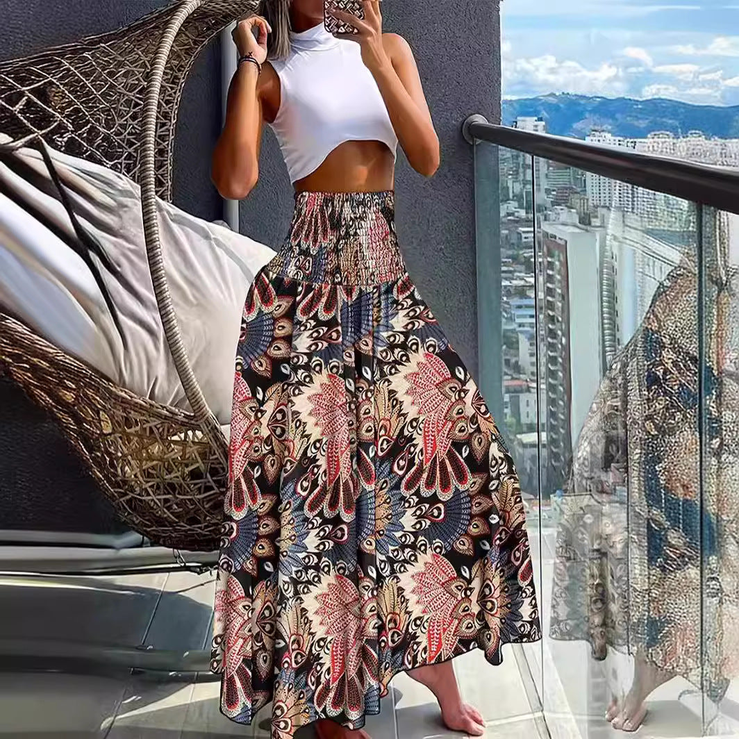 Kjol Dam Lång A-linjeformad Polyester med Elastisk Midja Retro Design 6