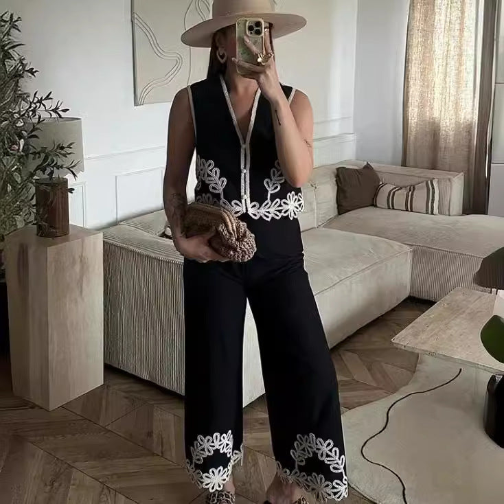 Kvinnor Palazzo-byxor Blommiga Detaljer Luftigt Tyg-2