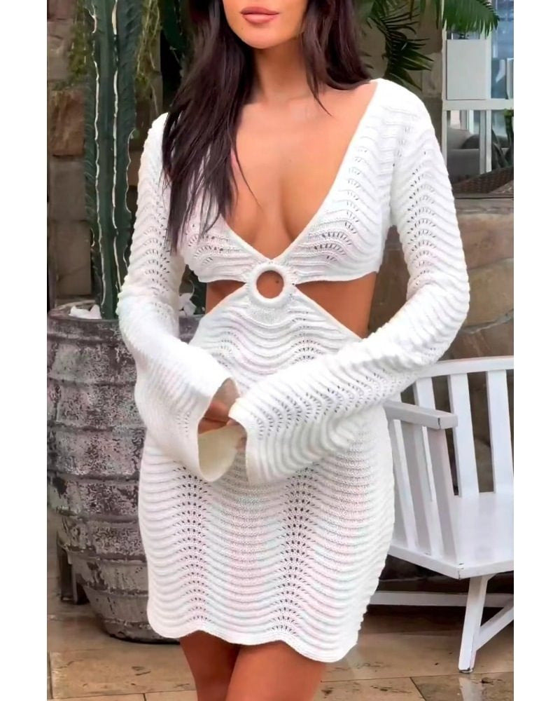 Dam Strandklänning A-linjeformad V-ringad Långärmad Polyester-4