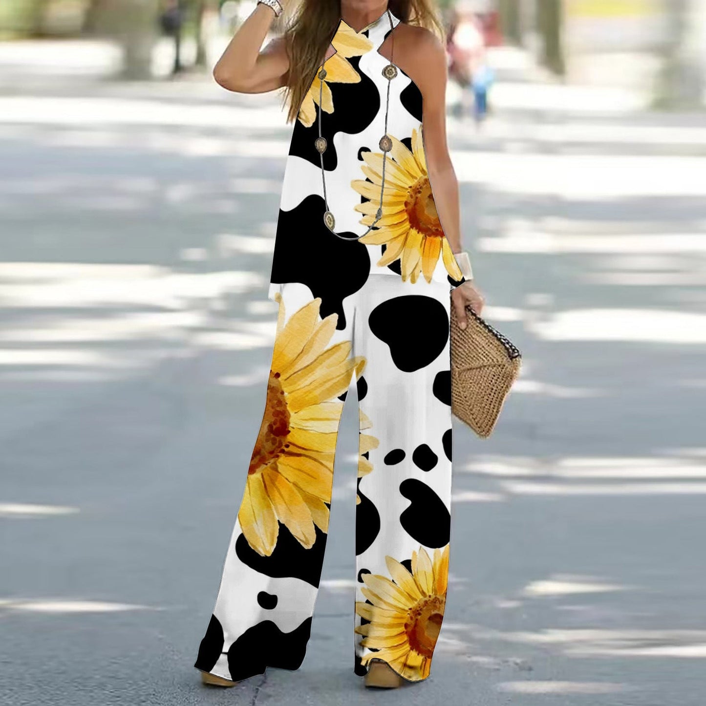 Kvinnors Två Delar Set med 3D-tryck, Ärmlös Topp och Elegant Pendeltdragning – Högkvalitativt Tyg, S-XL, Flera Mönster 15