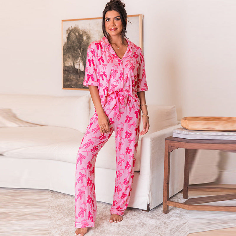 Kvinnors Kortärmad Set Chiffon Digitaltryck Långa Byxor-1