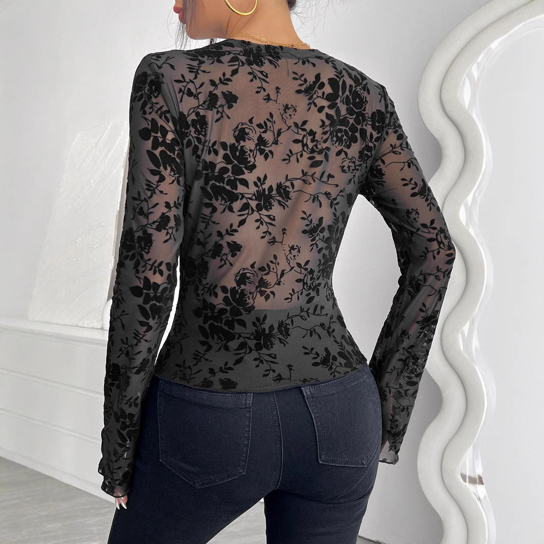Dam Långärmad T-shirt V-ringning Patchwork Mesh-3