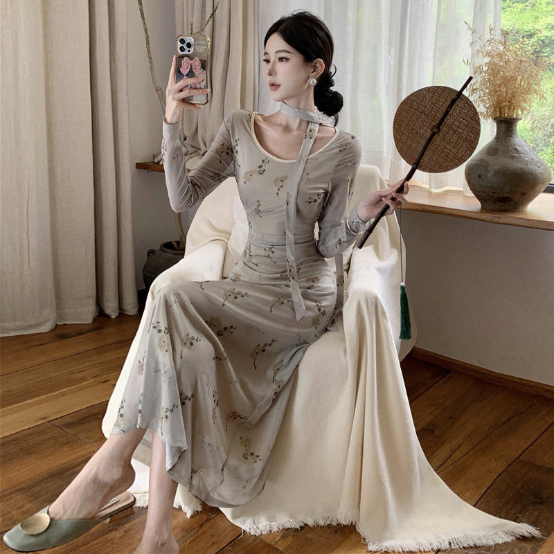 Kvinnors A-linjeformad Klänning Blommönster Polyester Långa Ärmar-4