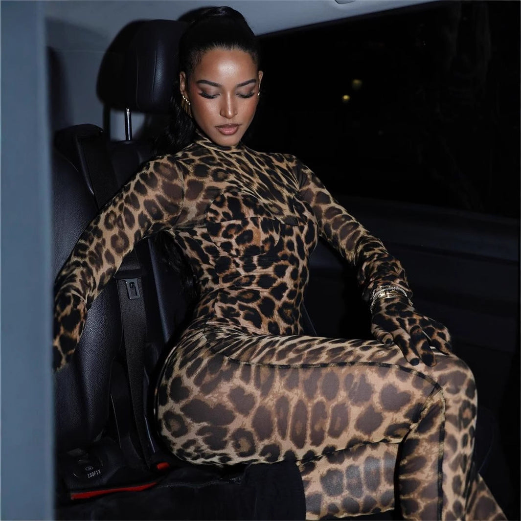 Dam Bodysuit Transparent Mesh Leopardmönster Slim Fit Långärmad Underkläder Body-3