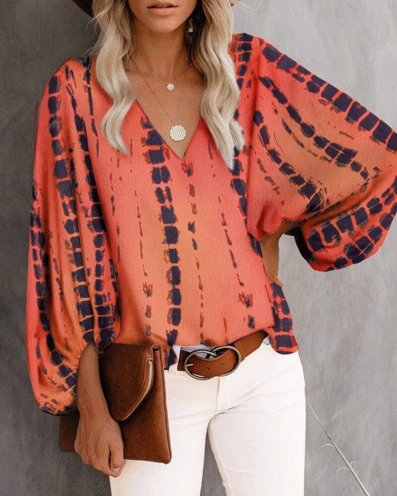 Dam Tröja V-ringad Lång Ärmar Mjuk Tyg med Tryck 11