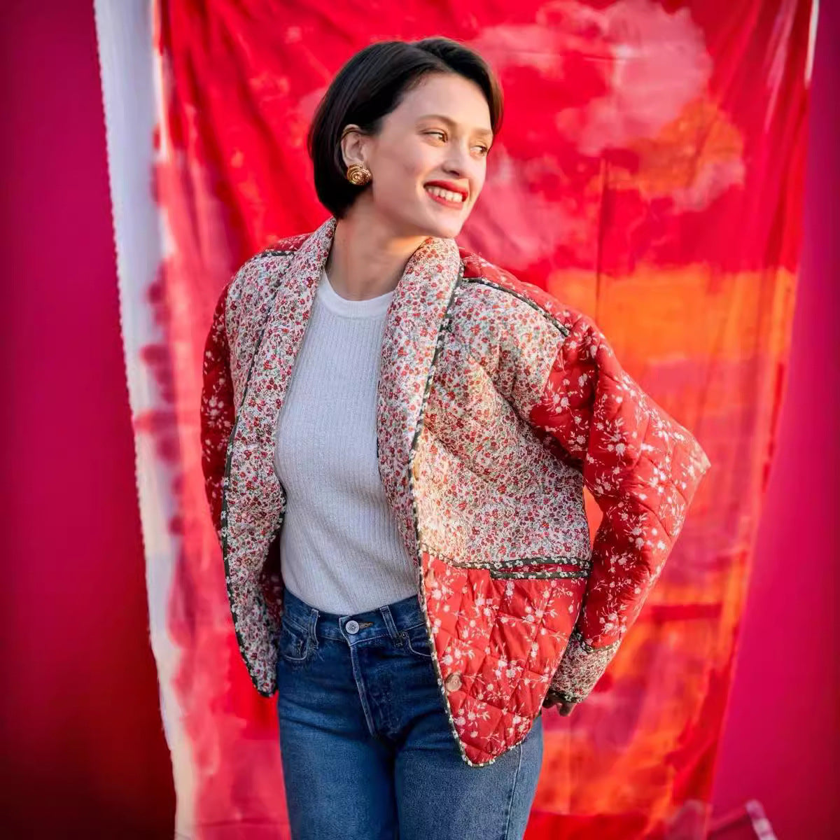 Dam Blousonjacka Blommig Design Elegant Krage Mjuk Tyg-3