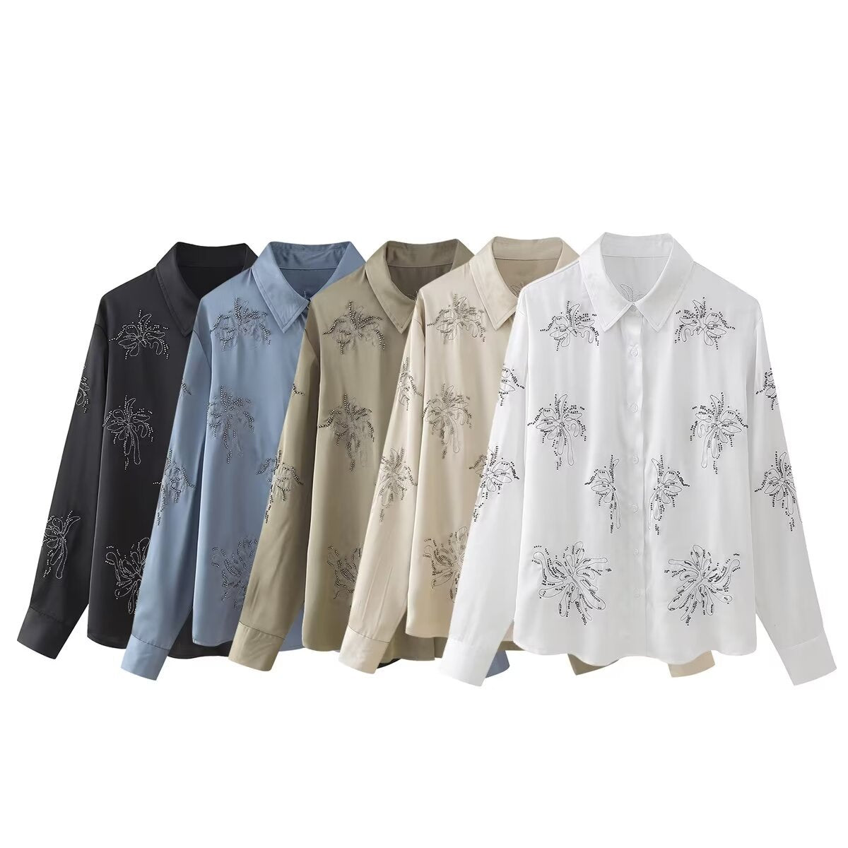 Dam Långärmad Skjorta och Fritidbyxor Set i Bomull - Blommigt Mönster för Avslappnad Stil-3