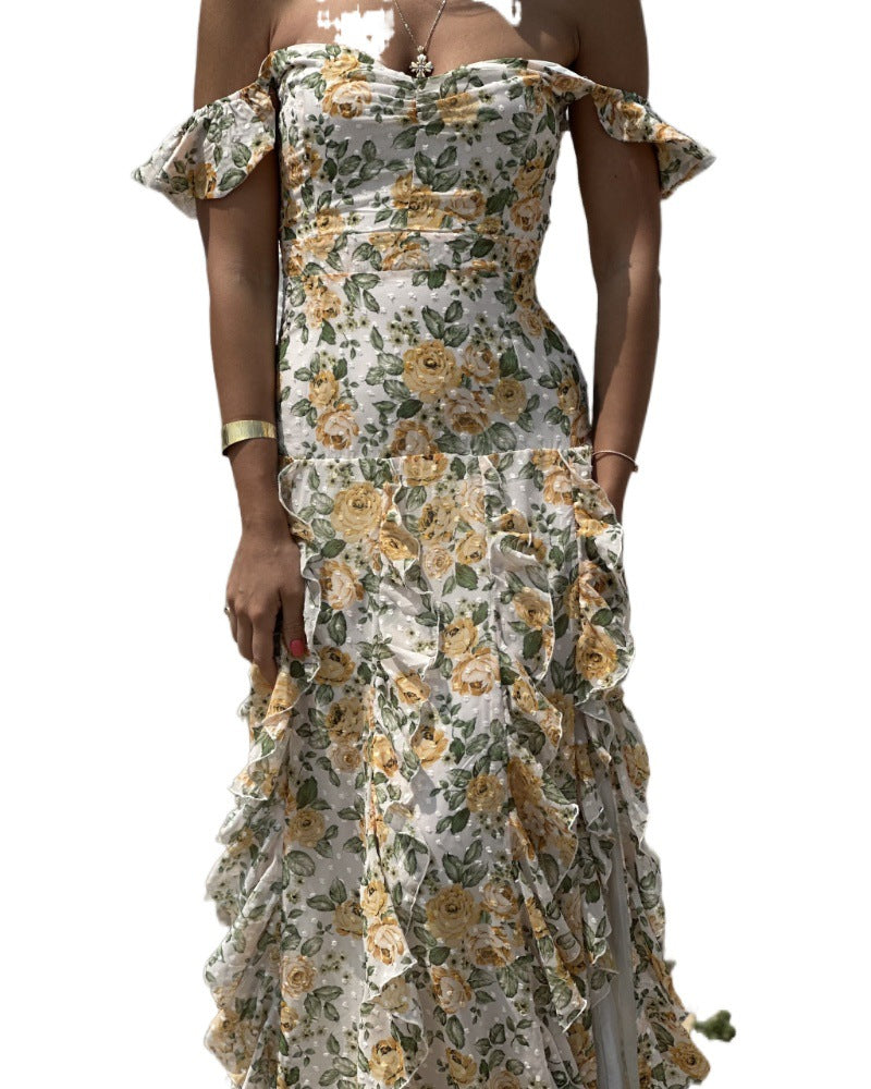 Kvinna Midi Klänning Off-Shoulder Blommönster Polyester-5