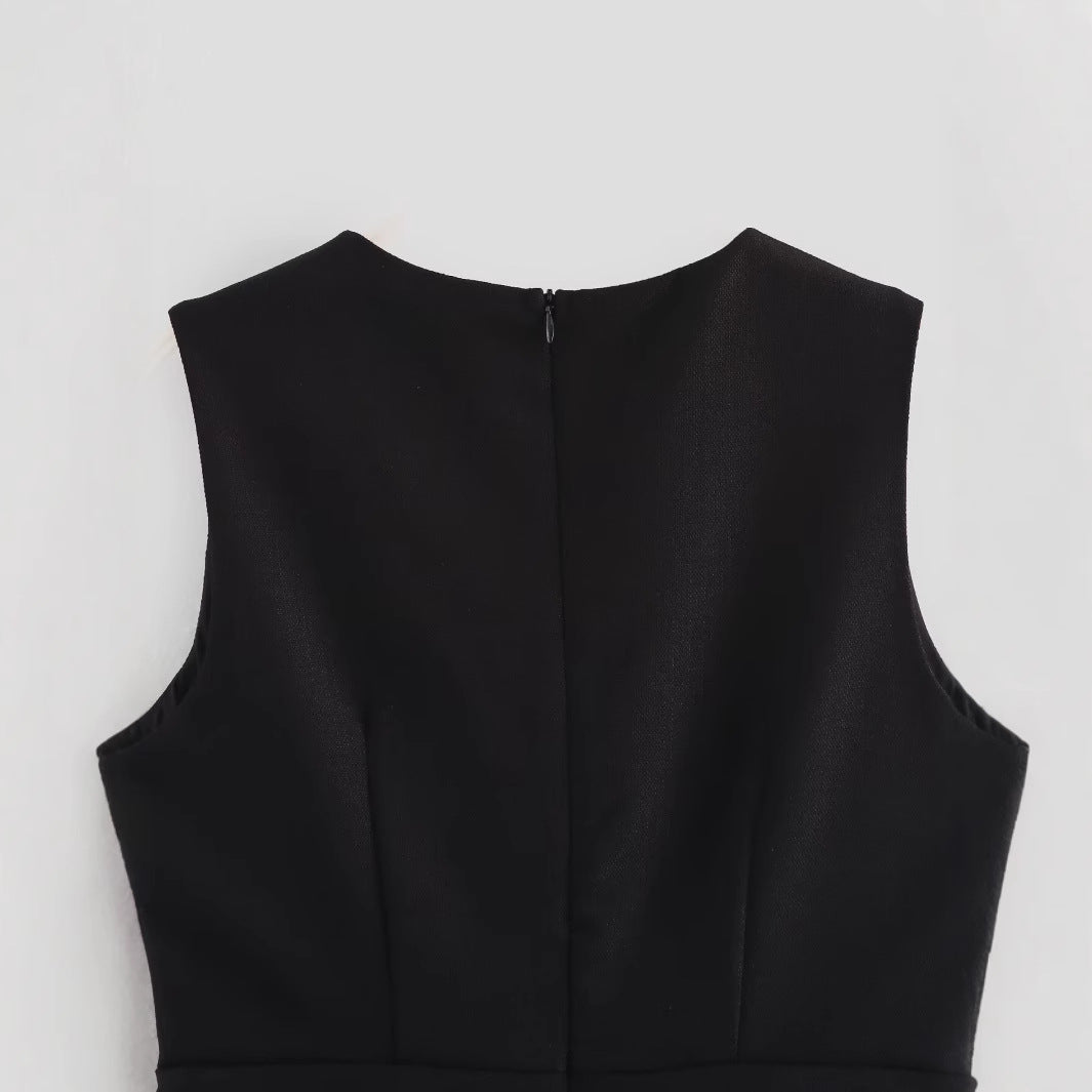 Kvinnor Kort A-Line Klänning Ärm lös 100% Polyester Svart-4