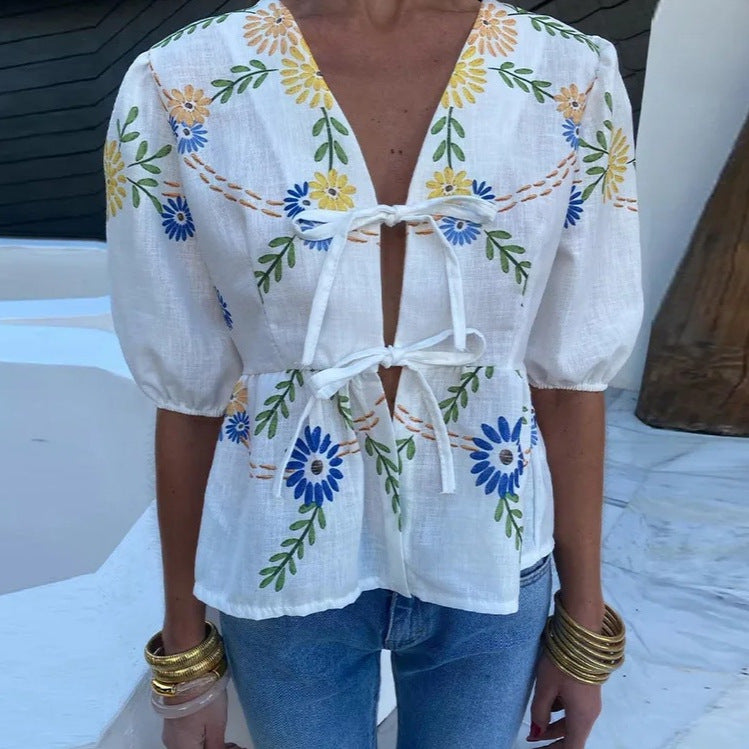 Dam Blus V-Hals Blommig Broderi Lätt Tyg 3