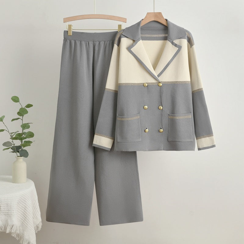 Dam Set Dubbelrad Stickning Bred Stickbyxor Spandex-2