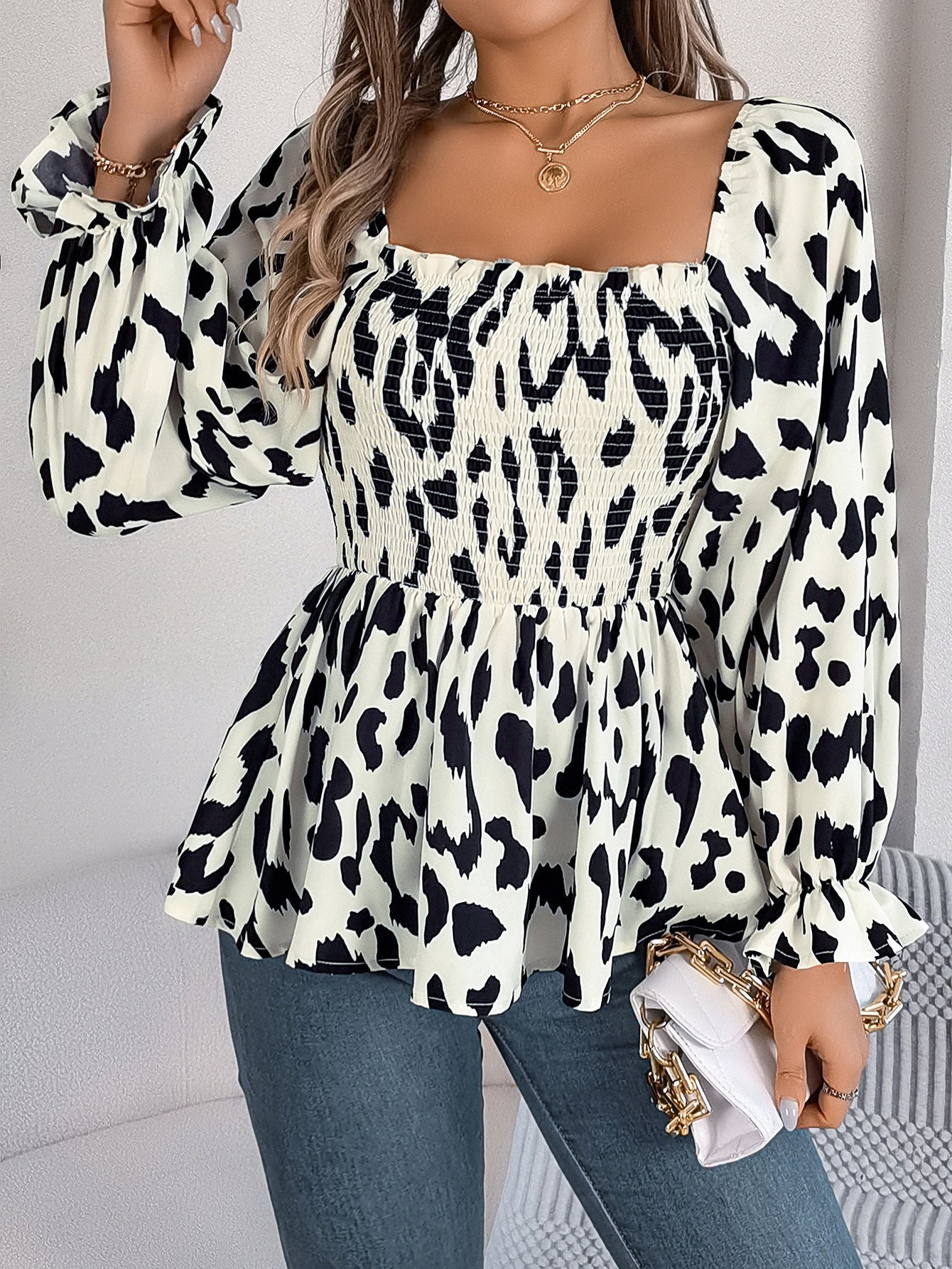 Dam Långärmad Blus Rynkad Kant Chiffon Leopardmönster-4