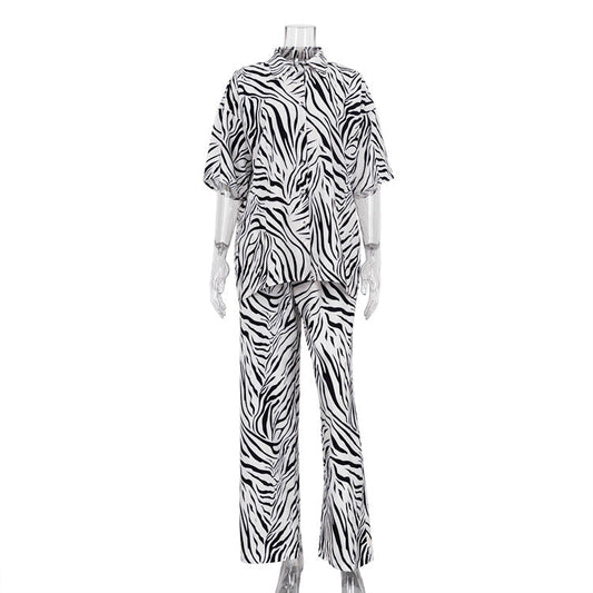 Kostym Set Dam Zebra Randig Polyester med Halva Ärmar-1