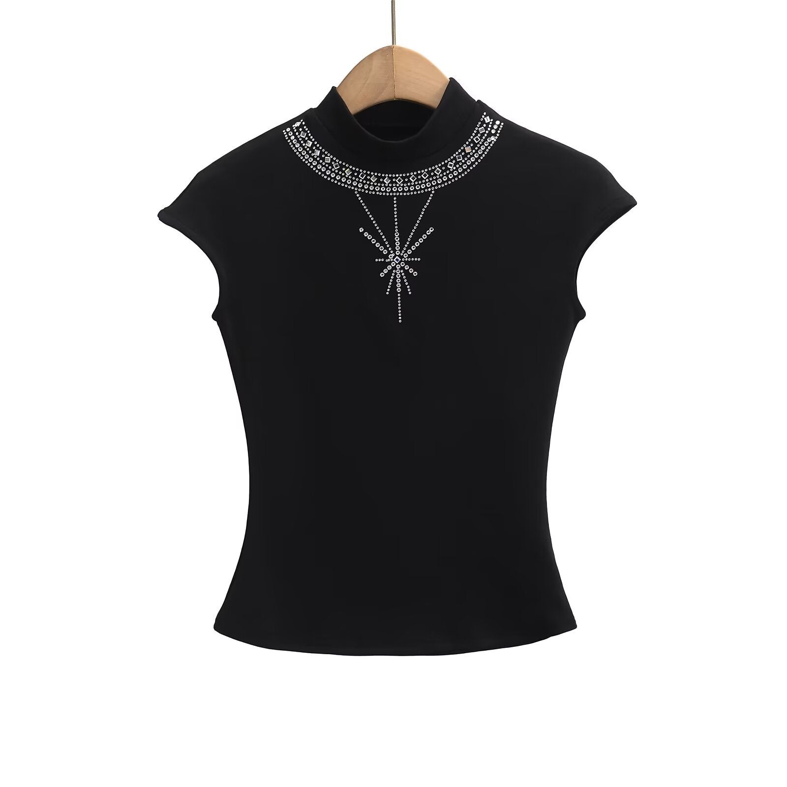 Kvinnor Kortärmad Topp med Chic Stand-Up Krage och Glänsande Strassdetaljer – Vit, Mjuk Bomullsblandning 9