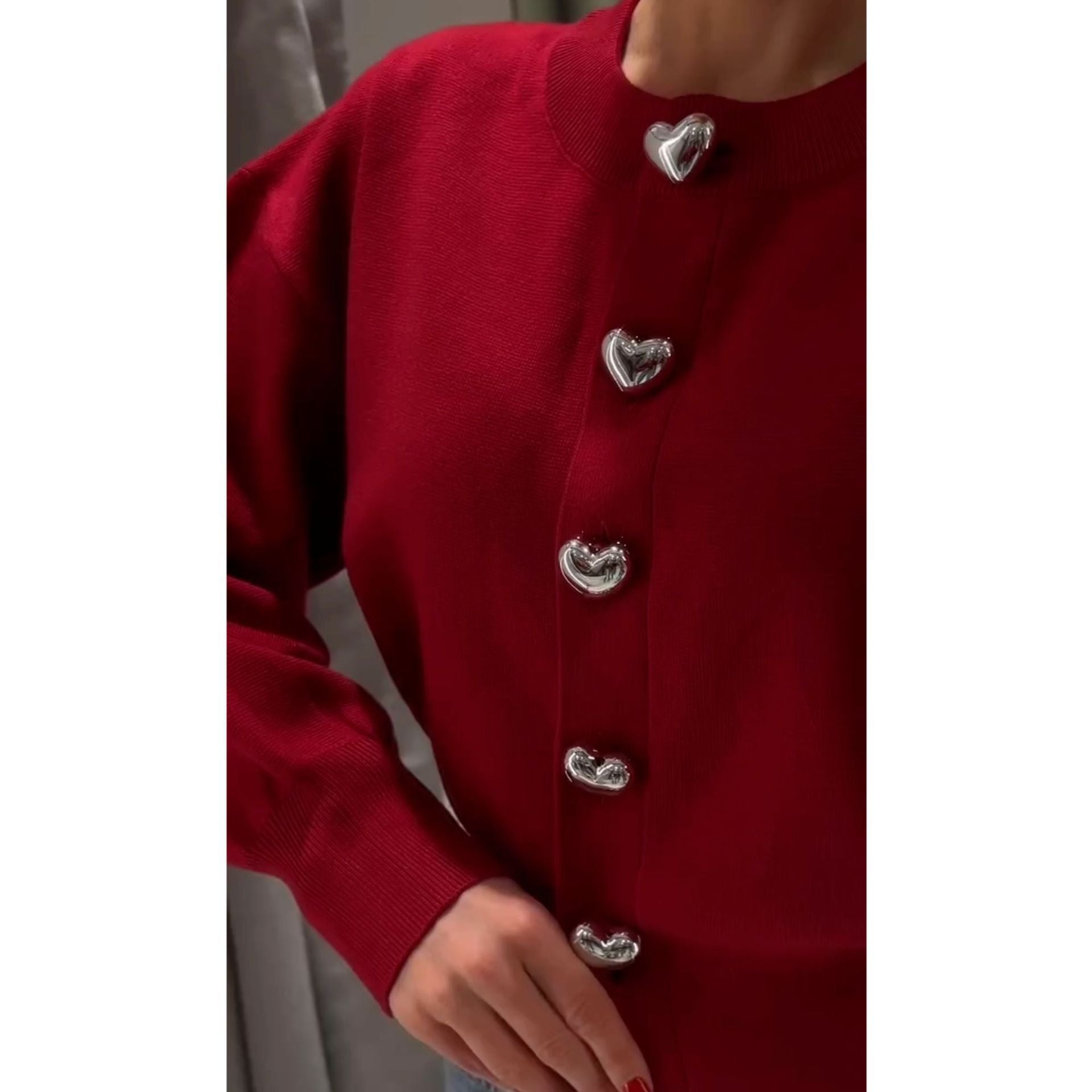 Kvinnors Cardigan Chic Krage Andningsbart Material med Hjärtformade Knappar-4