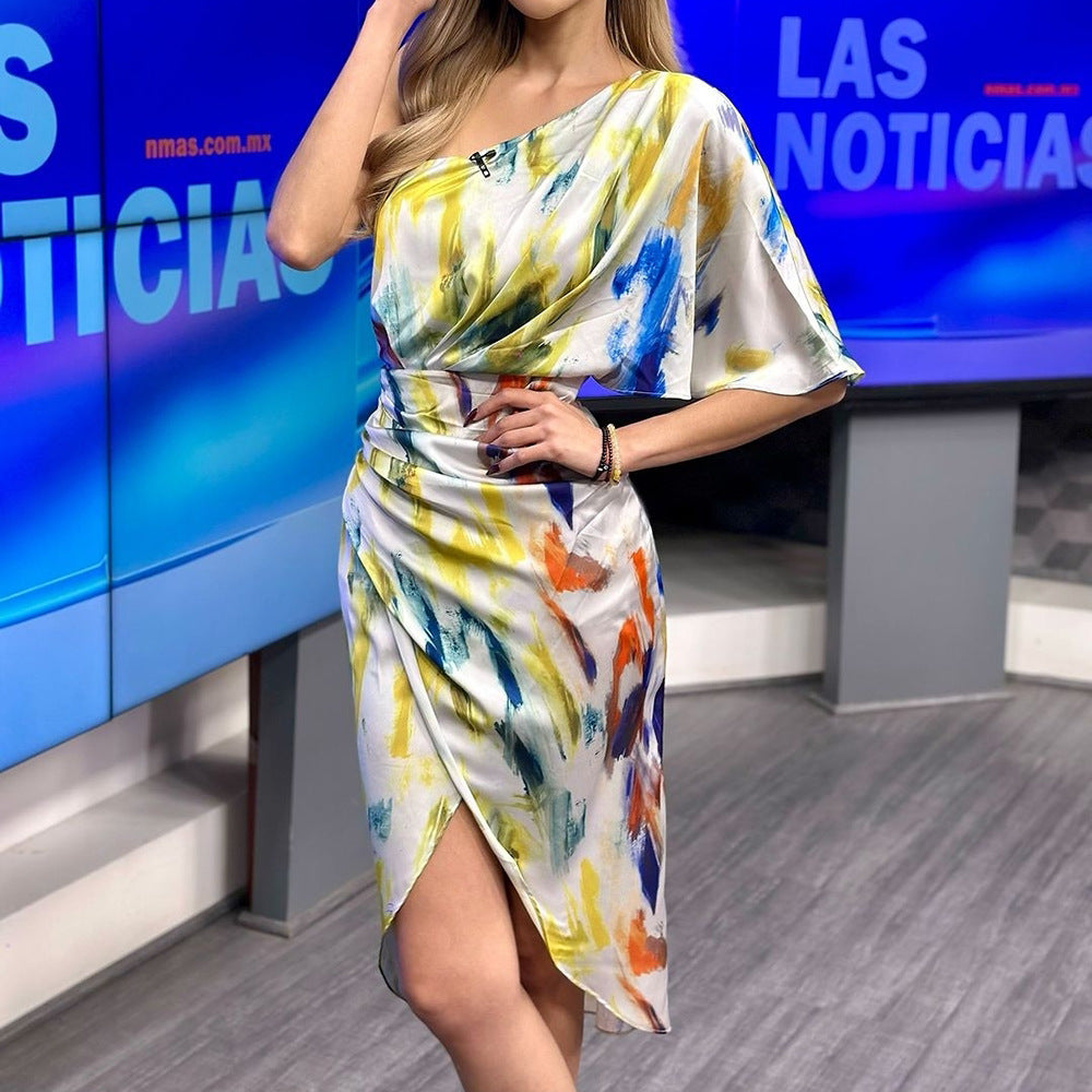 Kvinna Midi Klänning Asymmetrisk Polyester Blommönster-5