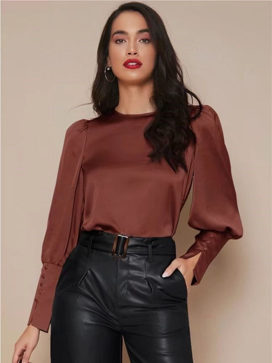 Dam Blus Lanternärmar Satin Löst Passform-6