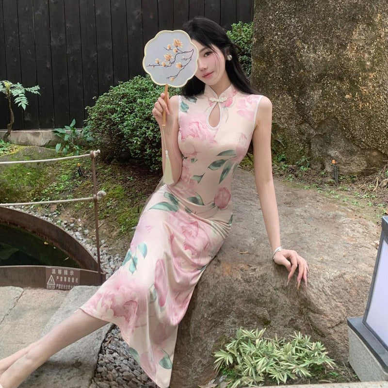 Kvinnors Lång Qipao Klänning Blommönster Högkvalitativt Tyg-5