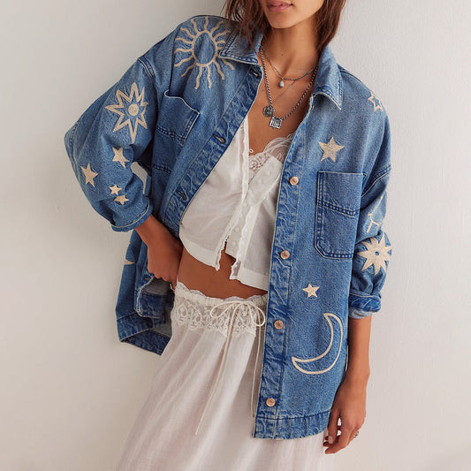 Dam Jeansjacka Urban Stil Tvättad Denim med Broderade Detaljer-1