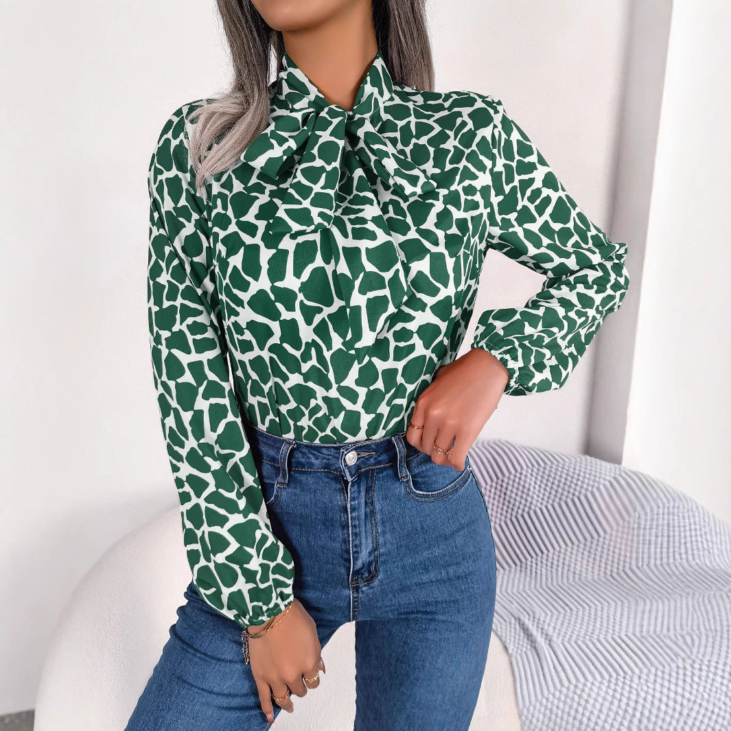 Dam Blus Lång Ärmd Chiffon Färgblockering Geometriskt Mönster-4