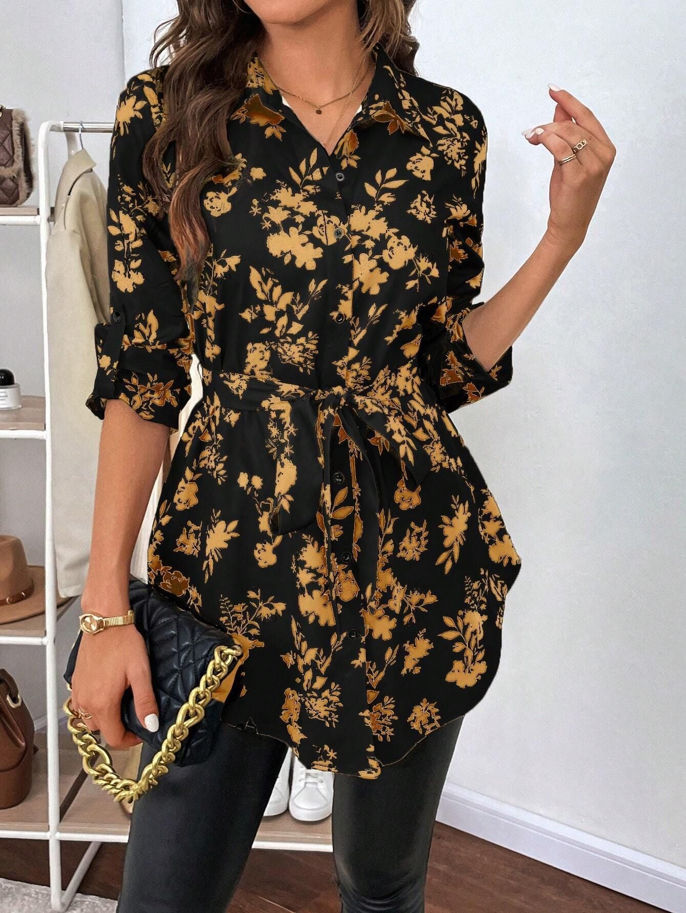 Dam Skjorta Långärmad Blommönstrad Polyester-1