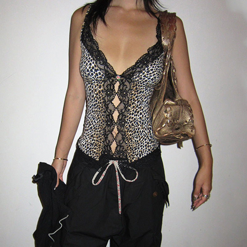 Kvinnors Camisole Leopardmönster Spetsdetaljer Elastiskt Tyg 2