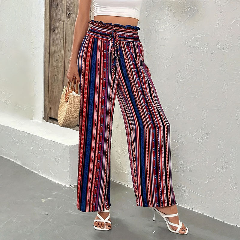 Kritstrecksrandiga Byxor Dam med Resår i Midjan – Snygga Avslappnade Byxor i 100% Bomull, Perfekta för Varma Dagar 4