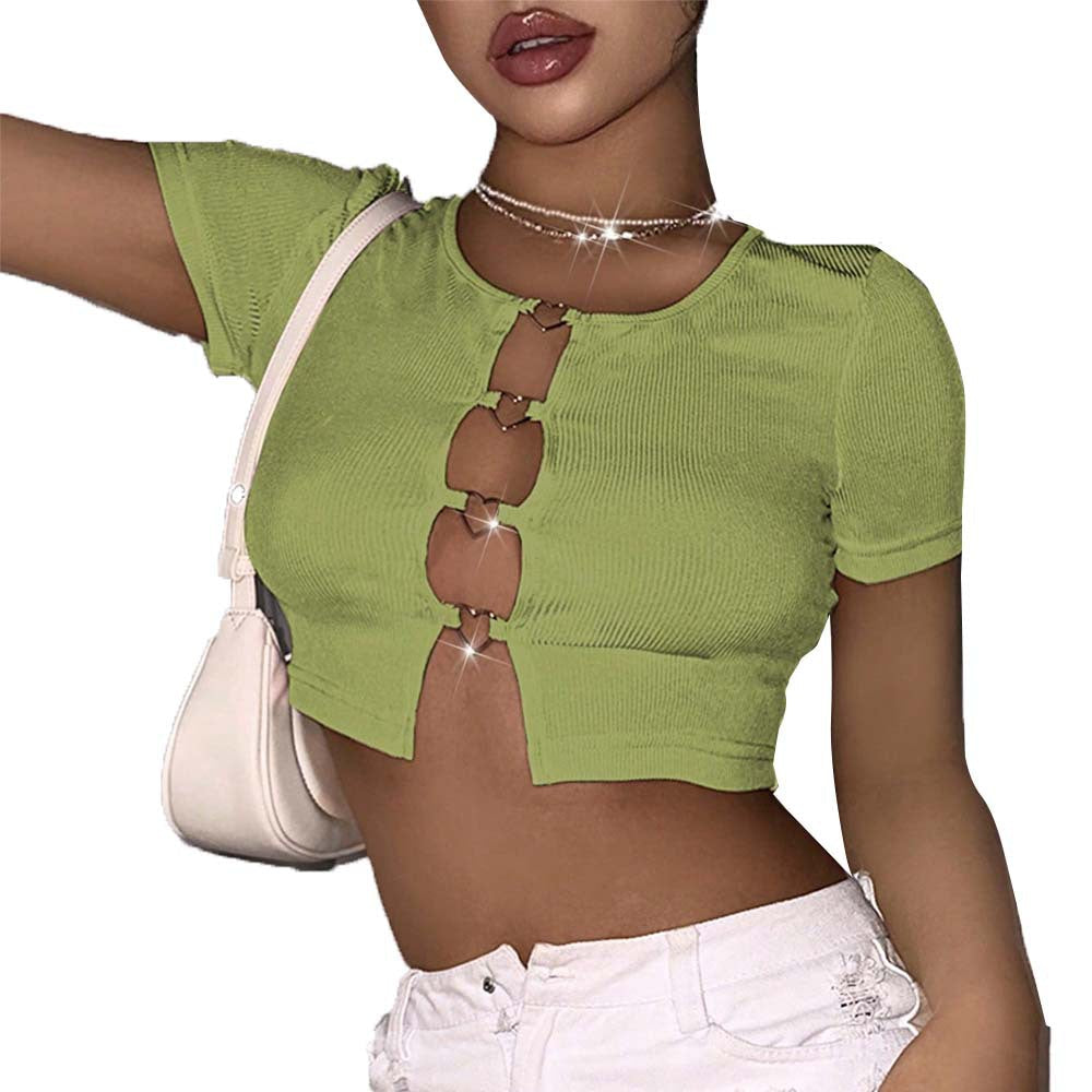 Kvinnor Crop Top Trendiga Utskärningar Elastisk Bomullsblandning-6