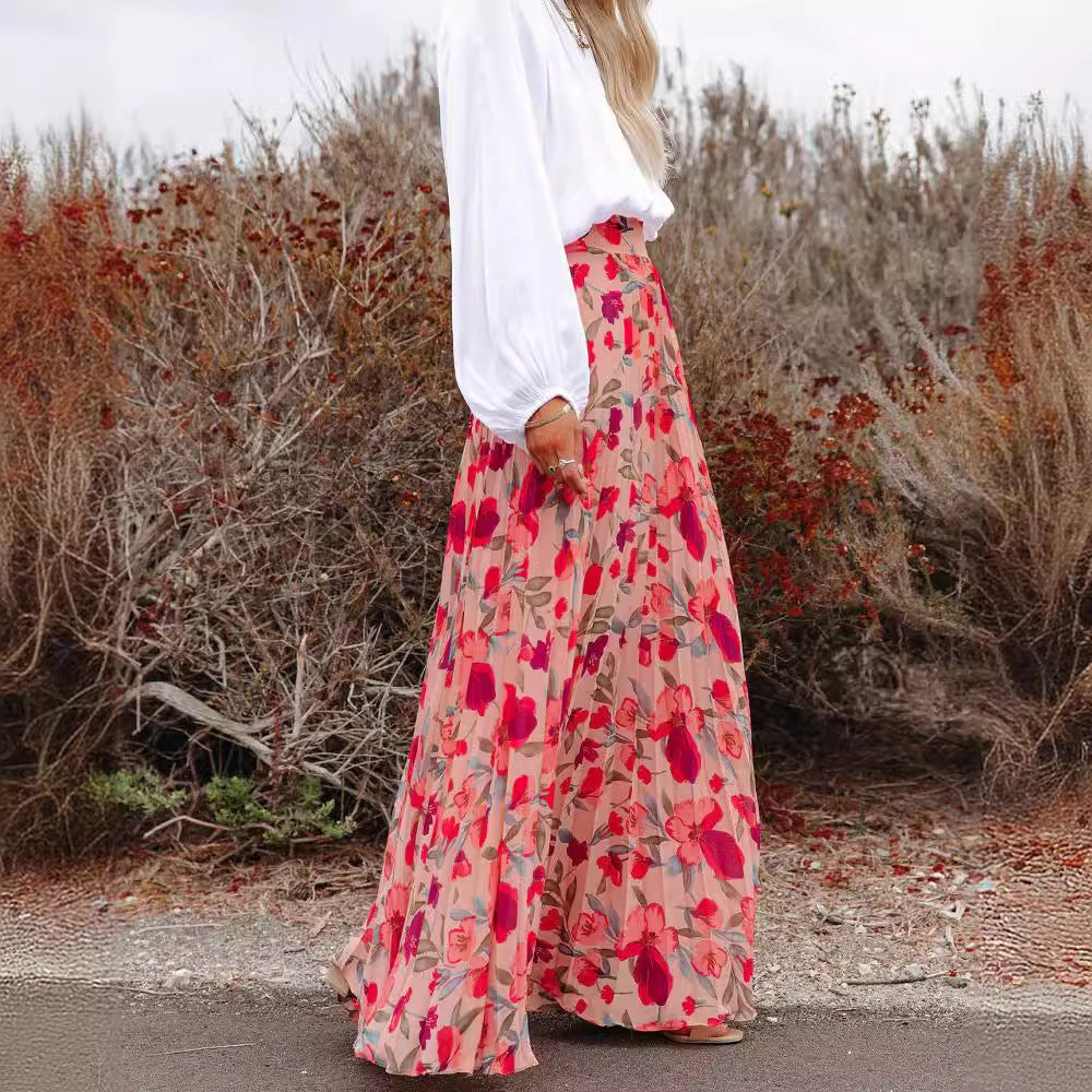 Dam Midi Kjol Blommig Chiffon Elegant-4