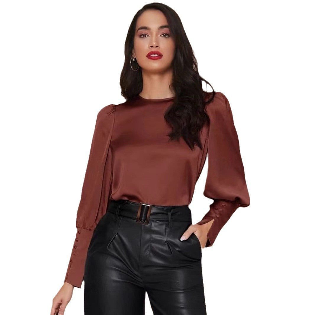 Dam Blus Lanternärmar Satin Löst Passform-4