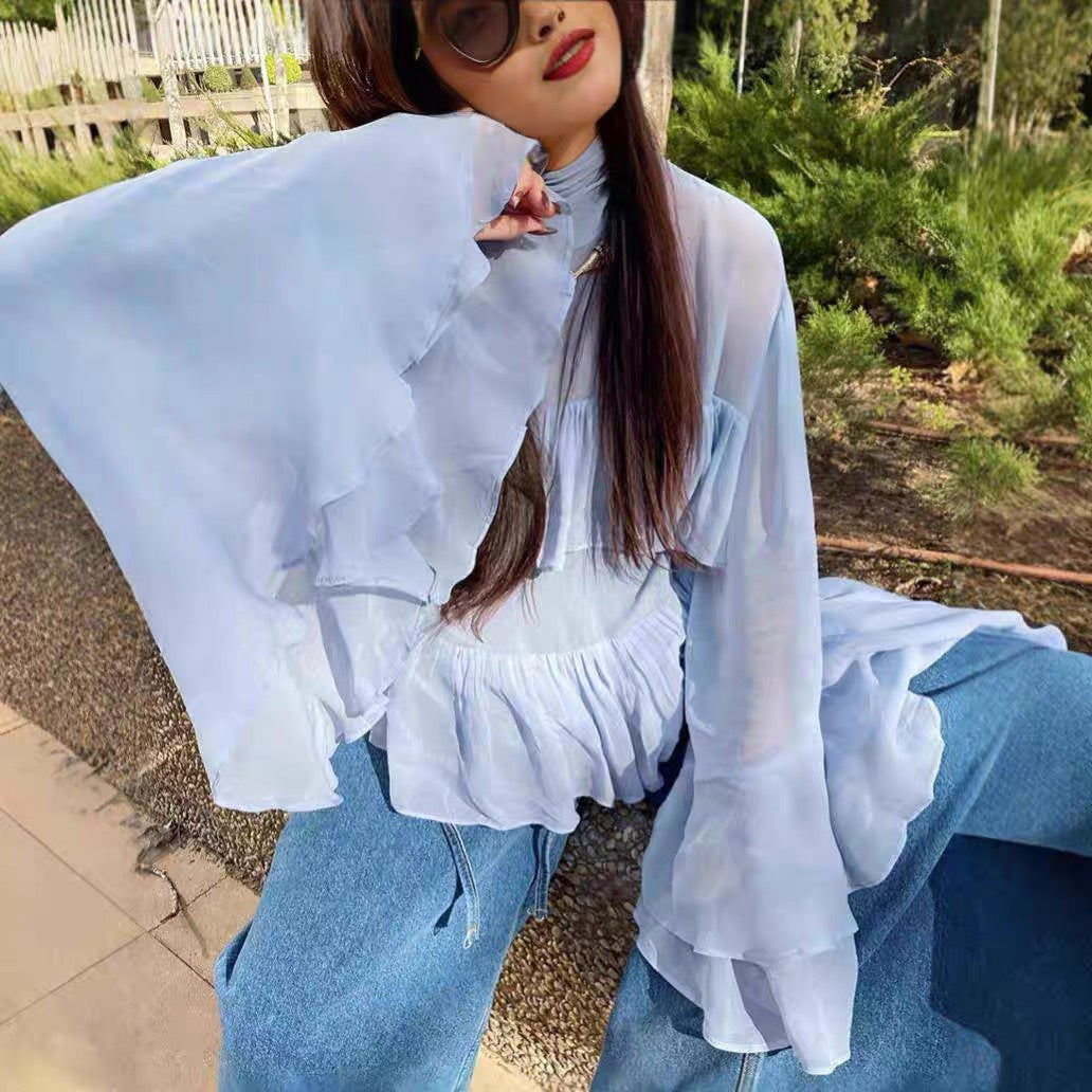 Dam Blus Ruffle Detaljer Andningsbart Material-3