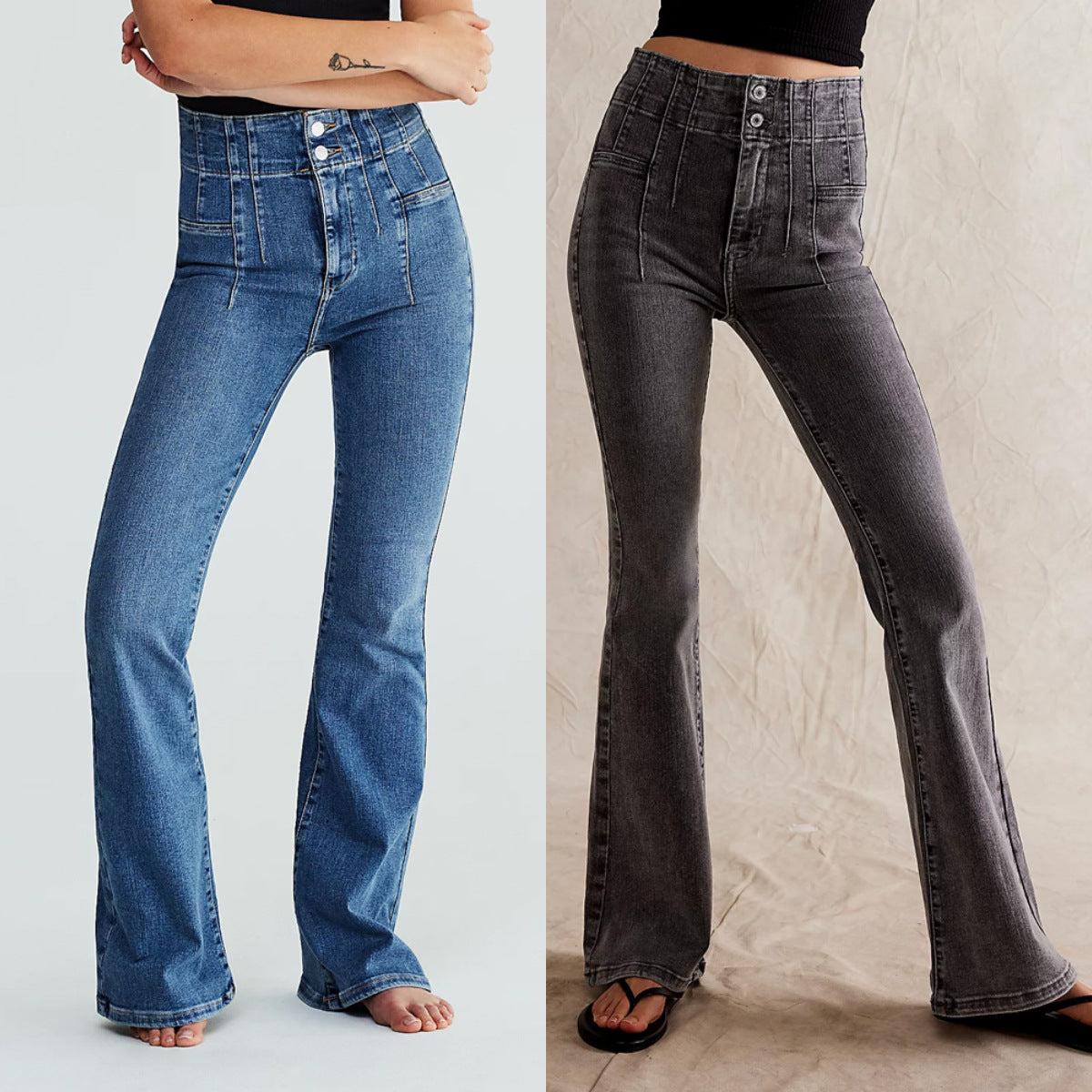 Damer Högmidjade Denimbyxor Långt Ben Retro 100% Bomull-2