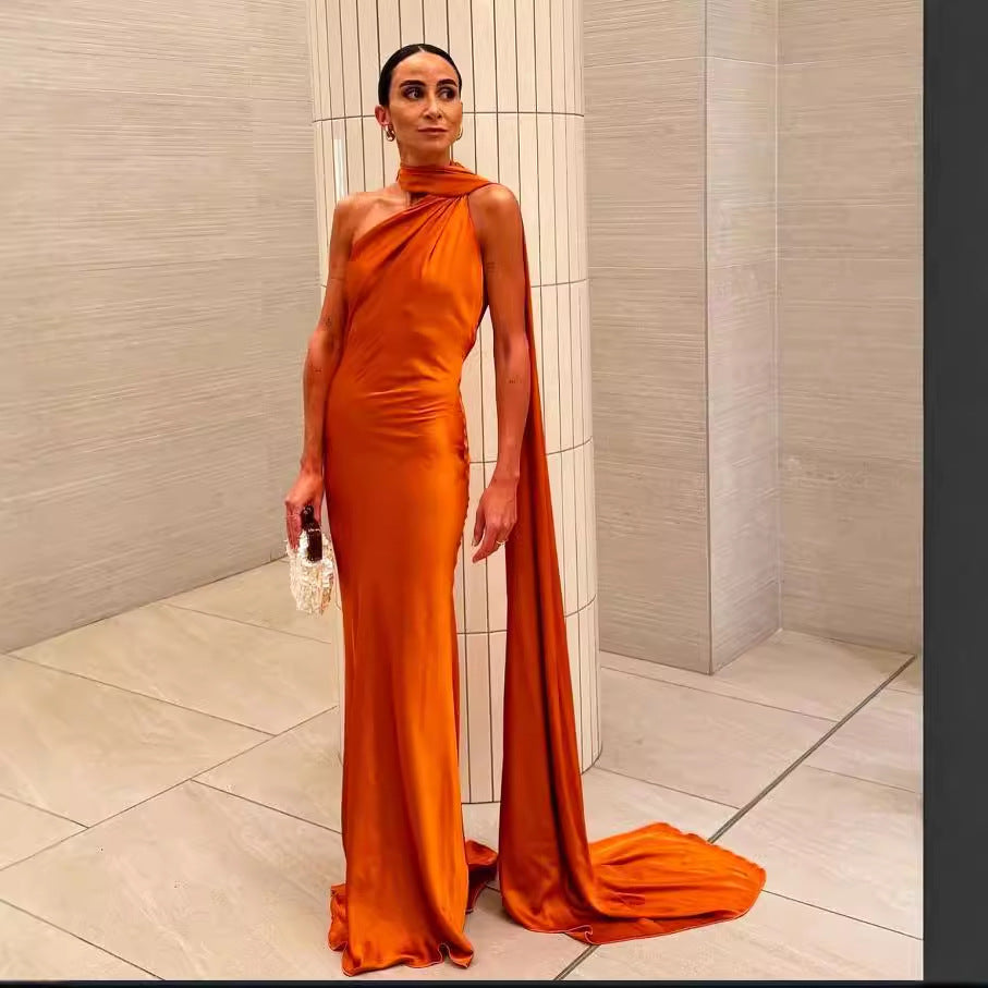 Kvinnors Aftonklänning Draperad med Ensidig Axel i Strömmande Tyg 11