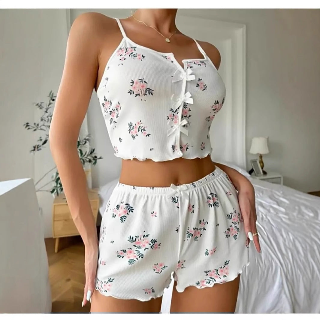 Dam Pyjamas Set Blommig Polyester Ärmlös Söt-4