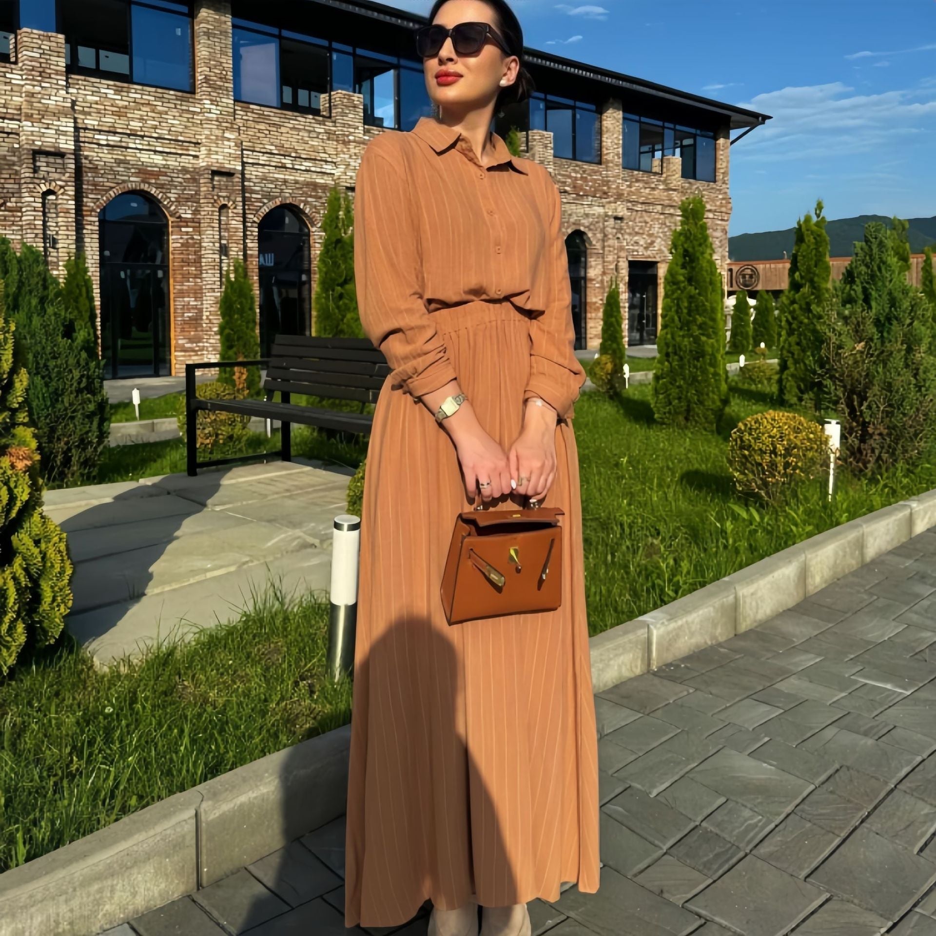 Dam Två Delar Set Elastisk Midirock Polyester för Sommar-2