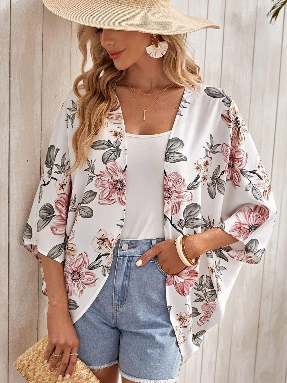 Kvinnors Blommönstrad Cardigan i Polyester med Trekvartslånga Ärmar – Lätt och Elegant, Medel Längd 65 cm 1