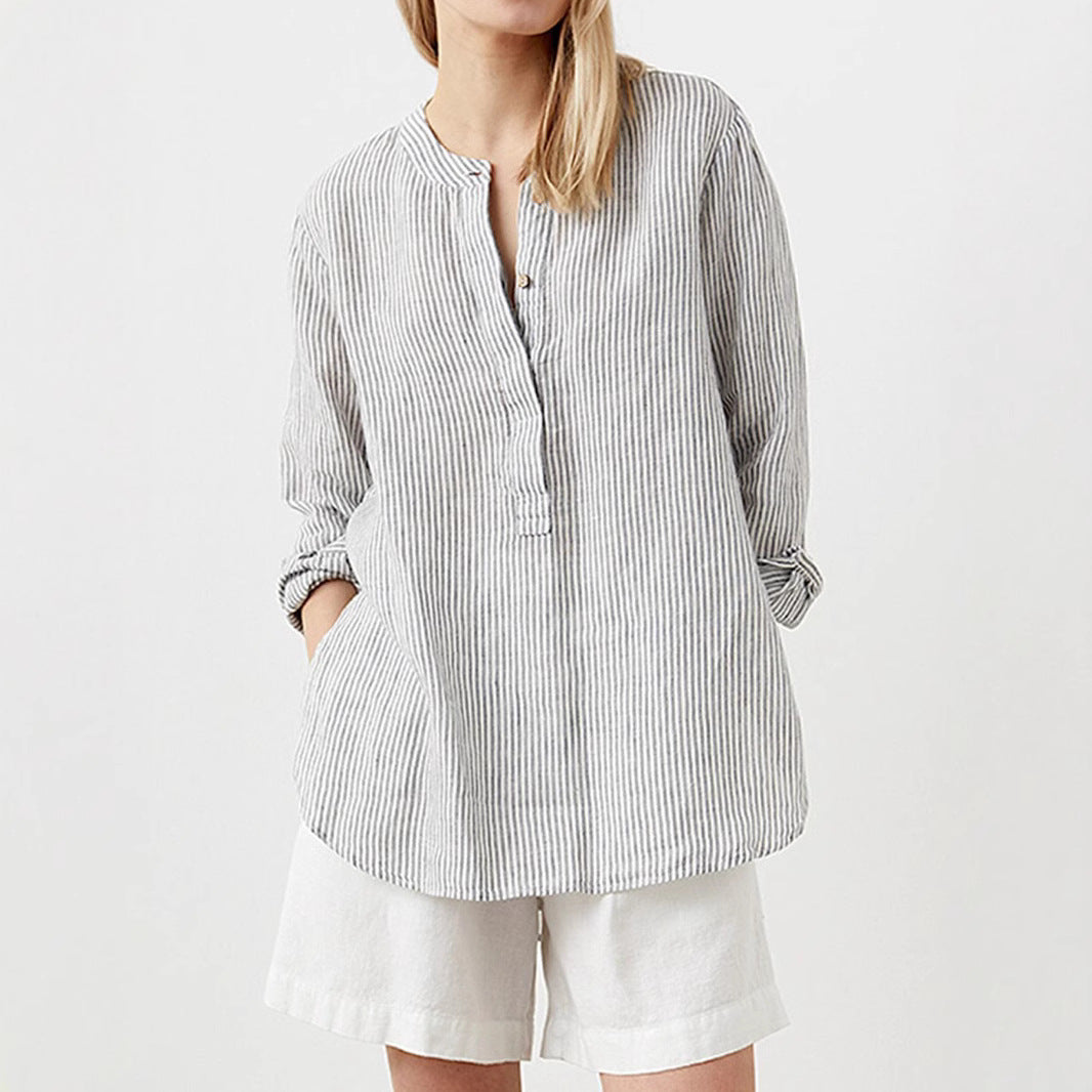 Herrskjorta Halvöppen Randig Bomull Långa Ärmar-3