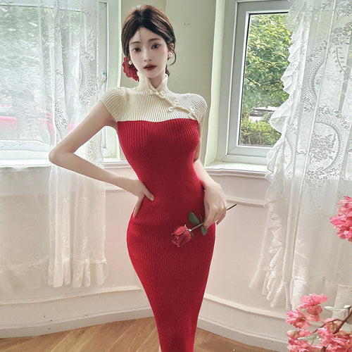 Kvinnors Klänning Stickad Design med Hög Krage och Kontrastfärger-1