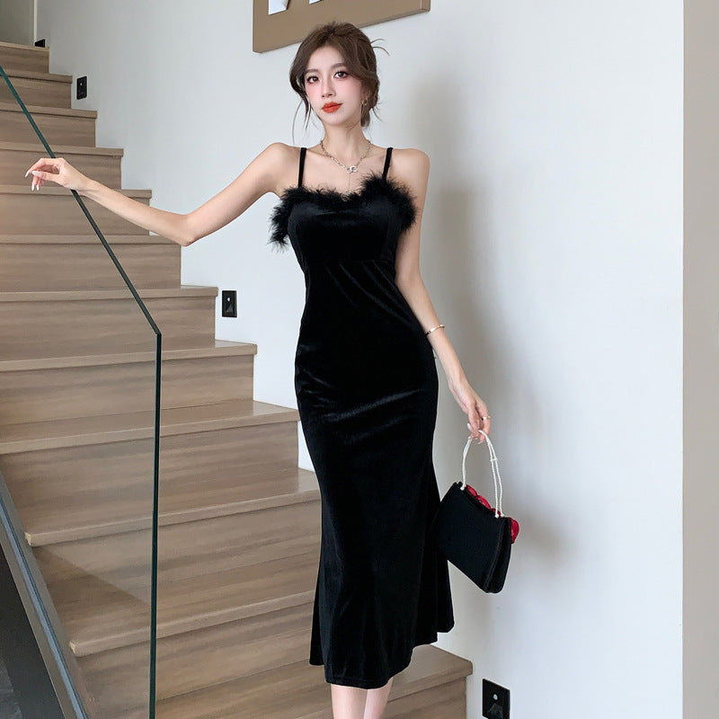 Dam Midiklänning V-hals Spaghetti Band Plüsch-1