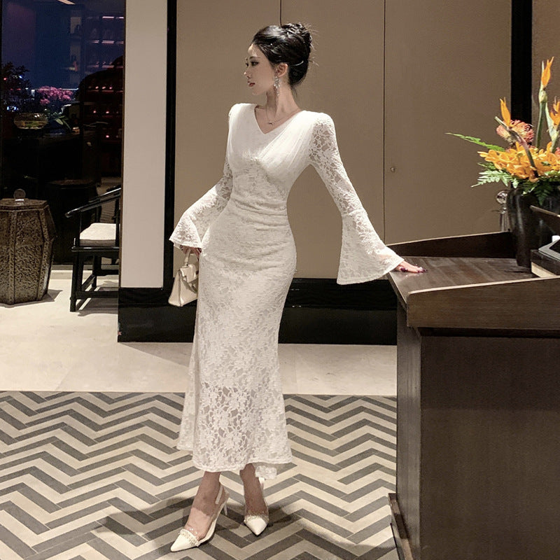 Dam Svansklänning V-Neck Lång Kjol Spets Högkvalitativt Tyg-5